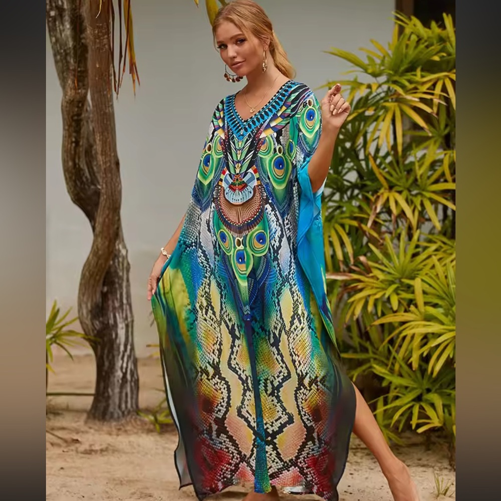 FREE SIZE Peacock Print Kaftan Maxi Dress or Swim Cover-Up